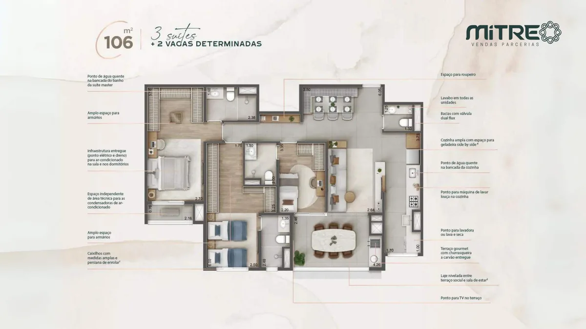 Planta 106m² 3 Suítes com Churrasqueira a Carvão